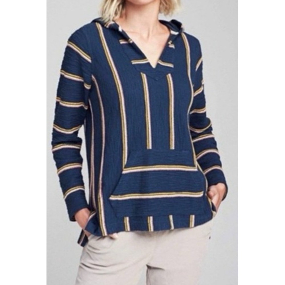 Faherty Brand Baja Hoodie Navy Blue Striped Textured Knit Pullover Women's Large